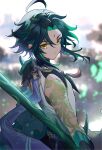  1boy arm_tattoo bead_necklace beads black_hair blurry blurry_background closed_mouth facial_mark forehead_mark genshin_impact green_hair hayama_eishi highres jewelry looking_at_viewer male_focus multicolored_hair necklace polearm solo tassel tattoo upper_body weapon xiao_(genshin_impact) yellow_eyes 