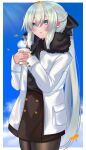  akio_(akio1124) black_bow black_dress blue_eyes bow braid coat coffee_cup cup disposable_cup dress fate/grand_order fate_(series) french_braid highres holding holding_cup morgan_le_fay_(fate) pantyhose ponytail smile solo steam white_hair winter_clothes winter_coat 