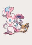  :3 :d blue_eyes bright_pupils brown_eyes commentary_request eevee fang highres mouth_hold nako_(nekono_shippo75) no_humans one_eye_closed open_mouth pokemon pokemon_(creature) smile sylveon tongue white_background white_pupils 