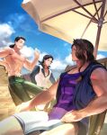  3boys :d abs at4190_(user_vzac7788) beach_chair beach_umbrella belt black_jacket black_shirt blue_sky book brown_eyes brown_hair cigarette closed_mouth clouds cloudy_sky collared_shirt grin highres holding holding_cigarette jacket jojo_no_kimyou_na_bouken leotard multiple_boys muscular muscular_male navel ponytail purple_leotard red_eyes rubber_soul shirt sitting sky sleeveless sleeveless_jacket smile smoking stardust_crusaders steely_dan teeth topless_male umbrella vanilla_ice vest white_vest 