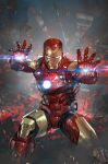  1boy comic_cover cover_image damaged english_commentary falling glowing_hands highres iron_man kael_ngu looking_at_viewer male_focus marvel open_hands power_armor realistic science_fiction solo white_eyes 