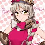  1girl bare_shoulders bow braid character_name copyright_name fire_emblem fire_emblem_engage framme_(fire_emblem) gauntlets grey_hair hand_on_hip hat hat_bow highres looking_at_viewer medium_hair pink_background pink_bow polka_dot polka_dot_background simple_background single_braid sleeveless smile solo twitter_username upper_body v-shaped_eyebrows yellow_eyes yuki_cryp_a 