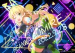  1girl animal_ears bangs birthday blonde_hair breasts character_name commentary detached_sleeves earrings english_text green_eyes happy_birthday heanna_sumire highres jewelry long_hair looking_at_viewer love_live! love_live!_superstar!! medium_breasts musashiya_chougenbou one_eye_closed short_shorts shorts smile solo tail thigh-highs vitamin_summer! 