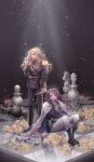 2girls absurdres black_footwear blonde_hair cape chess_piece chessboard cross cross_earrings crying earrings epaulettes flower flower_sogeum gold_trim green_eyes grey_background highres holding holding_knife jewelry knife knight_(chess) long_hair medea_solon multiple_girls parted_lips pawn_(chess) psyche_callista reflection sitting standing violet_eyes yellow_flower your_throne 