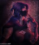  1girl absurdres breasts clothing_cutout collaboration dark_background deivax_draws diamond_cutout finger_to_mouth glowing glowing_eyes highres large_breasts long_hair looking_at_viewer mask mouth_mask original prosthesis purple_hair red_background red_eyes smile solo violet_eyes 