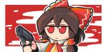  1girl :| aiming artist_name ascot border bow brown_eyes brown_hair chibi closed_mouth commentary detached_sleeves english_commentary finger_on_trigger gun hair_bow hair_tubes hakurei_reimu handgun holding holding_gun holding_weapon jitome long_hair looking_to_the_side outside_border red_bow red_eyes red_shirt red_vest ribbon-trimmed_sleeves ribbon_trim sailor_suu shirt sidelocks solo touhou upper_body vest watermark weapon white_border white_sleeves yellow_ascot 