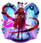  1girl au_ra avatar_(ff14) bad_source bat_(animal) curled_horns dragon_girl dragon_horns dragon_tail final_fantasy final_fantasy_xiv horns looking_at_viewer red_footwear red_mage scales short_hair solo stained_glass tail 