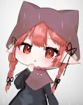  1girl animal_ears ao_orin_ringo bell blush braid capelet cat_ears chestnut_mouth chibi grey_background hand_up highres hood jingle_bell kaenbyou_rin looking_at_viewer pointy_ears poncho rain redhead solo touhou twin_braids 