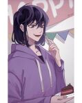  1girl bangs black_hair cake cake_slice commentary drawstring english_commentary food fork hair_between_eyes hand_up highres holding holding_cake holding_food holding_fork holding_plate hood hood_down hoodie long_sleeves medium_hair omniscient_reader&#039;s_viewpoint open_mouth pennant plate purple_hair purple_hoodie smile solo sooyoung_han string_of_flags upper_body violet_eyes yuugji 