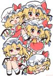  5girls :/ :d :o ^_^ ascot bangs blonde_hair bow clone closed_eyes closed_mouth crystal d: flandre_scarlet frilled_bow frills hat highres looking_at_viewer medium_hair mob_cap multiple_girls ramudia_(lamyun) red_bow red_eyes red_skirt red_vest shirt short_sleeves skirt skirt_set smile socks touhou vest white_headwear white_shirt wings wrist_cuffs yellow_ascot 