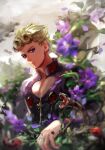  1boy 2018 at4190_(user_vzac7788) blonde_hair blue_eyes blurry blurry_background blurry_foreground bug character_name closed_mouth clouds cloudy_sky flower giorno_giovanna highres jacket jojo_no_kimyou_na_bouken ladybug long_hair long_sleeves looking_at_viewer outdoors pink_jacket purple_flower sky smile snake solo vento_aureo 