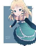  1girl black_bullet blonde_hair blue_eyes breasts dated detached_sleeves dress hair_ornament long_hair looking_at_viewer open_mouth ryannari small_breasts solo tina_sprout twitter_username x_hair_ornament 
