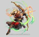  1boy arrow_(projectile) bangs black_footwear black_gloves black_headband black_jacket blonde_hair boots bow_(weapon) drawing_bow fire_emblem fire_emblem_heroes full_body gloves grey_background hair_between_eyes headband holding holding_bow_(weapon) holding_weapon jacket jeorge_(fire_emblem) knee_boots long_hair low_ponytail male_focus official_art open_mouth pants parted_bangs ponytail quiver red_eyes red_pants riz3 short_sleeves simple_background solo standing standing_on_one_leg watermark weapon 