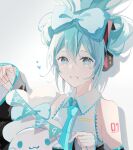  1girl :3 absurdres aqua_bow aqua_eyes aqua_hair aqua_necktie bangs bare_shoulders black_sleeves bow breasts cinnamiku cinnamoroll collared_shirt commentary detached_sleeves double_bun grey_background grey_shirt hair_between_eyes hair_bow hair_bun hair_ornament hands_up hatsune_miku heart highres long_hair long_sleeves looking_at_viewer necktie open_mouth shirt shoulder_tattoo simple_background small_breasts smile solo streamers tattoo vocaloid wide_sleeves yurun_(yurun_ume) 