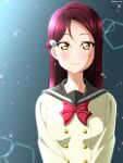  1girl absurdres artist_name bow bowtie closed_mouth commentary_request facing_viewer grey_sailor_collar hair_ornament highres isami_don lens_flare long_hair long_sleeves love_live! love_live!_sunshine!! red_bow red_bowtie redhead sailor_collar sakurauchi_riko school_uniform smile solo upper_body uranohoshi_school_uniform yellow_eyes 