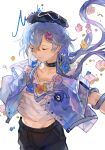  1boy arknights bishounen blue_hair character_name closed_eyes cowboy_shot earrings flower flower_wreath hair_ornament hairpin hat highres infection_monitor_(arknights) jewelry long_hair male_focus midriff mizuki_(arknights) shirt simple_background solo violet_eyes white_background yipingtaopuzi 