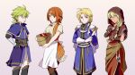  2boys 2girls alternate_costume apple blonde_hair braid brown_eyes brown_hair dark_skin dorothy_(fire_emblem) feathers fire_emblem fire_emblem:_the_binding_blade food fruit green_eyes green_hair holding hood igrene_(fire_emblem) klein_(fire_emblem) ksw_f_m_d long_hair long_sleeves looking_at_viewer low_ponytail medium_hair multiple_boys multiple_girls pants pink_background ponytail quill short_sleeves simple_background violet_eyes wolt_(fire_emblem) yellow_eyes 