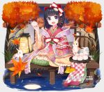  1girl :d animal autumn_leaves bangs black_hair bow character_request commentary_request egasumi frilled_kimono frills fruits_fulcute! green_hakama hair_bow hakama hakama_skirt hand_up holding japanese_clothes kayase kimono lantern leaf long_sleeves looking_at_viewer maple_leaf official_art rabbit red_kimono shawl skirt smile solo tray tree violet_eyes water white_bow wide_sleeves 
