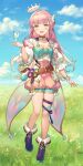  1girl ankle_boots arm_at_side bangs belt boots braid breasts brown_choker bug butterfly butterfly_hair_ornament character_request choker coattails floating_crown fold-over_boots full_body hair_ornament hand_up highres iriam kikugetsu leg_ribbon long_hair looking_at_viewer open_mouth pink_hair pointy_ears purple_footwear ribbon shorts side_braid small_breasts smile solo tefumu_chia thigh_ribbon virtual_youtuber yellow_eyes 