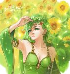  1girl aged_up breasts cape closed_mouth detached_sleeves earrings final_fantasy final_fantasy_iv flower green_eyes green_hair hair_ornament highres jewelry long_hair long_sleeves neya rydia_(ff4) solo 