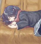  1girl artist_request black_hair black_jacket closed_eyes commentary_request couch flower fukumaru_koito grey_skirt hair_flower hair_ornament highres idolmaster idolmaster_shiny_colors jacket long_sleeves pantyhose pleated_skirt scarf skirt sleeping solo twintails 