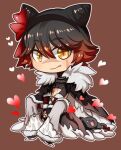  1boy abs bangs black_cape black_cat black_gloves black_hair black_shirt brown_background cape cat chibi closed_mouth commentary_request cone_hair_bun crop_top fingerless_gloves fingernails full_body fur-trimmed_pants fur_cape fur_collar gloves grey_pants hair_between_eyes hair_bun heart looking_at_viewer love_morocc male_focus midriff navel official_alternate_costume pants pectorals ragnarok_online red_nails redhead scar scar_on_cheek scar_on_face scar_on_nose scar_on_stomach shadow_chaser_(ragnarok_online) sharp_fingernails shirt short_hair simple_background slit_pupils smile solo tight tight_shirt yellow_eyes 