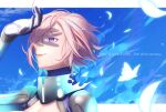  1girl close-up fate/grand_order fate_(series) gloves highres kakudo_0 mash_kyrielight mash_kyrielight_(ortenaus) one_eye_covered pink_hair short_hair smile solo violet_eyes wind 