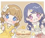  2girls black_hair blue_eyes brown_hair commentary_request cottonplum fang flower food fork fukumaru_koito hair_flower hair_ornament hairclip highres holding holding_fork holding_knife idolmaster idolmaster_million_live! idolmaster_shiny_colors knife long_hair long_sleeves low_twintails multiple_girls open_mouth pancake shirt short_hair sparkling_eyes suou_momoko twintails violet_eyes white_shirt yellow_shirt 