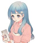  1girl bangs blue_eyes blue_hair blush cat_hair_ornament cellphone commentary_request earrings hair_ornament hairclip highres jewelry korean_commentary kukux62 long_hair mask mask_removed open_mouth original phone pink_sweater smartphone solo sweater 
