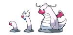  3others absurdres antennae big_nose black_eyes dragonair dragonite fukidashi_cotton highres horns multiple_others no_humans orb pokemon pokemon_(creature) simple_background tail white_background white_wings wiglett wing_ears wings 