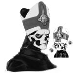  1boy black_robe chibi chibi_inset cropped_torso erumil facepaint ghost_(band) glaring hat highres logo looking_at_viewer male_focus mitre papa_emeritus_ii robe scribble simple_background skull_print solo upper_body white_background 