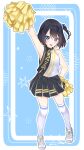  1girl :d arm_up bangs bare_arms bare_shoulders black_hair black_skirt blue_eyes blue_scrunchie breasts character_name cheerleader clothes_writing commentary_request eyes_visible_through_hair full_body hair_ornament hair_scrunchie hand_on_hip looking_at_viewer one_side_up original pleated_skirt pom_pom_(cheerleading) scrunchie shirt shoes short_sleeves skirt small_breasts smile solo standing suzunari_shizuku thigh-highs white_footwear white_shirt white_thighhighs yuki_arare 
