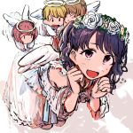  1girl absurdres angel angel_wings artist_request bangs black_hair blonde_hair brown_hair commentary_request dress fang fukumaru_koito highres idolmaster idolmaster_shiny_colors medium_hair open_mouth redhead skin_fang swept_bangs twintails violet_eyes white_dress wings 