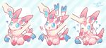  ! !! :3 ? blue_eyes blush bright_pupils closed_mouth commentary_request disembodied_limb eyedrops holding holding_pokemon jippe looking_up open_mouth pokemon pokemon_(creature) signature sitting smile sylveon white_pupils 