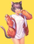  1girl :d animal_ears breasts cat_ears cat_girl cat_tail e_(eokiba) fang highres jacket large_breasts long_sleeves looking_at_viewer no_pants off_shoulder open_clothes open_jacket original purple_hair shirt short_hair simple_background skin_fang sleeves_past_wrists smile tail white_shirt yellow_background 