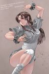  1girl bracelet breasts brown_eyes brown_hair china_dress chinese_clothes chun-li closed_mouth dress earrings hair_bun highres jewelry kkzk61539201 leg_up long_hair simple_background solo spiked_bracelet spikes street_fighter street_fighter_ii_(series) street_fighter_ii_v 