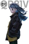  1girl black_eyes black_hair black_jacket black_pants blue_eyes colored_inner_hair expressionless floating_hair from_side head_tilt highres jacket long_hair looking_ahead multicolored_hair original pants solo sweater toy_qr81v white_background yellow_sweater 
