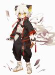  1boy absurdres animal_ear_fluff animal_ears arknights bishounen black_gloves chinese_clothes fingerless_gloves gloves green_eyes highres koimin luoxiaohei male_focus shoes short_hair simple_background solo sword the_legend_of_luo_xiaohei weapon white_background white_hair 