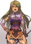  1girl angry blonde_hair bracelet circlet dress elbow_gloves gloves green_eyes hand_on_hip hankuri jewelry long_hair looking_at_viewer mystina_(valkyrie_profile) open_mouth purple_dress solo standing valkyrie_profile white_background 