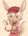  1other :3 androgynous animal_ears apron blush brown_eyes brown_fur buttons cabbie_hat choke_(amamarin) commentary_request cowboy_shot double-breasted fang food furry happy hat highres holding holding_food horizontal_pupils long_sleeves looking_at_viewer made_in_abyss nanachi_(made_in_abyss) necktie open_mouth other_focus pink_apron red_headwear red_necktie short_hair smile solo tail waist_apron whiskers white_hair 