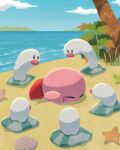  big_nose blue_sky clouds day highres kirby kirby_(series) lying miclot no_humans ocean on_stomach outdoors palm_tree plant pokemon pokemon_(creature) red_nose sand sky starfish tree water wiglett 