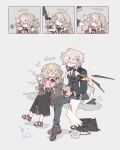  1boy 1girl :d :o ? angel arknights black_bag black_jacket black_skirt blonde_hair blue_eyes blush brown_footwear cecelia_(arknights) closed_eyes collared_shirt commentary cup detached_wings disposable_cup enforcer_(arknights) female_child fingernails flower grey_necktie grey_pants grey_socks hair_flower hair_ornament halo happy highres holding holding_cup jacket long_hair looking_at_another mug necktie pants poncho sandals shirt shoes short_hair skirt smile socks spoken_question_mark symbol-only_commentary thurim6 twitter_username violet_eyes white_flower white_hair white_shirt wings 