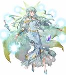  1girl aqua_hair azu-taro bangs bare_shoulders breasts cape dress fire_emblem fire_emblem:_the_blazing_blade fire_emblem_heroes floating floating_object full_body gold_trim gradient gradient_clothes hair_ornament hand_on_own_chest hand_up highres long_dress long_hair long_skirt looking_away ninian_(fire_emblem) non-web_source official_art open_mouth pale_skin red_eyes see-through shiny shiny_hair shoes skirt snowflake_print solo stone torn_clothes torn_dress torn_skirt transparent_background 