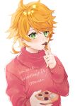  1girl absurdres candy chocolate chocolate_bar commentary emma_(yakusoku_no_neverland) food green_eyes highres orange_hair protected_link red_sweater short_hair sweater symbol-only_commentary tp82n1r white_background yakusoku_no_neverland 