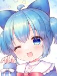  1girl alternate_hairstyle blue_bow blue_dress blue_eyes blue_hair blush bow buttons cirno dress hair_between_eyes hair_bow highres long_sleeves one_eye_closed open_mouth pjrmhm_coa portrait short_hair short_twintails smile solo star_(symbol) touhou twintails 