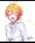  1girl ^_^ closed_eyes duplicate emma_(yakusoku_no_neverland) hair_ornament highres jewelry long_sleeves neck_tattoo necklace number_tattoo open_mouth orange_hair pixel-perfect_duplicate shirt short_hair smile tattoo tp82n1r white_background white_shirt yakusoku_no_neverland 