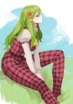  1girl arms_between_legs ascot closed_mouth flower green_eyes green_hair hair_flower hair_ornament highres juliet_sleeves kazami_yuuka kazami_yuuka_(pc-98) knee_up long_hair long_sleeves looking_at_viewer outdoors pants plaid plaid_pants plaid_vest puffy_sleeves red_pants red_vest shirt sitting solo sunflower tohoyuukarin touhou touhou_(pc-98) vest white_shirt yellow_ascot 