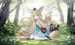  1girl animal_ears animal_on_head arknights basket black_cat blonde_hair cardigan cat cat_on_head commentary echj forest fox_ears fox_girl fox_tail frilled_hairband frills hair_down hairband heixiu highres kitsune kneeling kyuubi long_hair luoxiaohei multiple_tails nature neck_ribbon official_alternate_costume on_head revision ribbon sitting suzuran_(arknights) suzuran_(spring_praise)_(arknights) tail the_legend_of_luo_xiaohei wariza yellow_cardigan yellow_eyes 