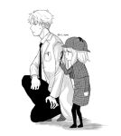  1boy 1girl alternate_costume anya_(spy_x_family) artist_name bangs capelet closed_mouth coat collared_shirt commentary_request father_and_daughter greyscale hair_between_eyes hand_up hat highres jacket long_sleeves looking_at_another looking_down looking_to_the_side monochrome necktie open_clothes open_jacket pants pantyhose pen plaid plaid_capelet plaid_coat plaid_headwear pocket rii_tome shirt shoes short_hair simple_background sitting spy_x_family standing sweat sweatdrop twilight_(spy_x_family) v-shaped_eyebrows white_background 