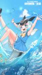  1girl animal_costume animal_ears blue_eyes blue_hair blush common_dolphin_(kemono_friends) dolphin_girl extra_ears highres kemono_friends kemono_friends_kingdom looking_at_viewer multicolored_hair ocean official_art open_mouth ribbon shirt shoes short_hair skirt sky sleeveless sleeveless_shirt smile solo summer tail 